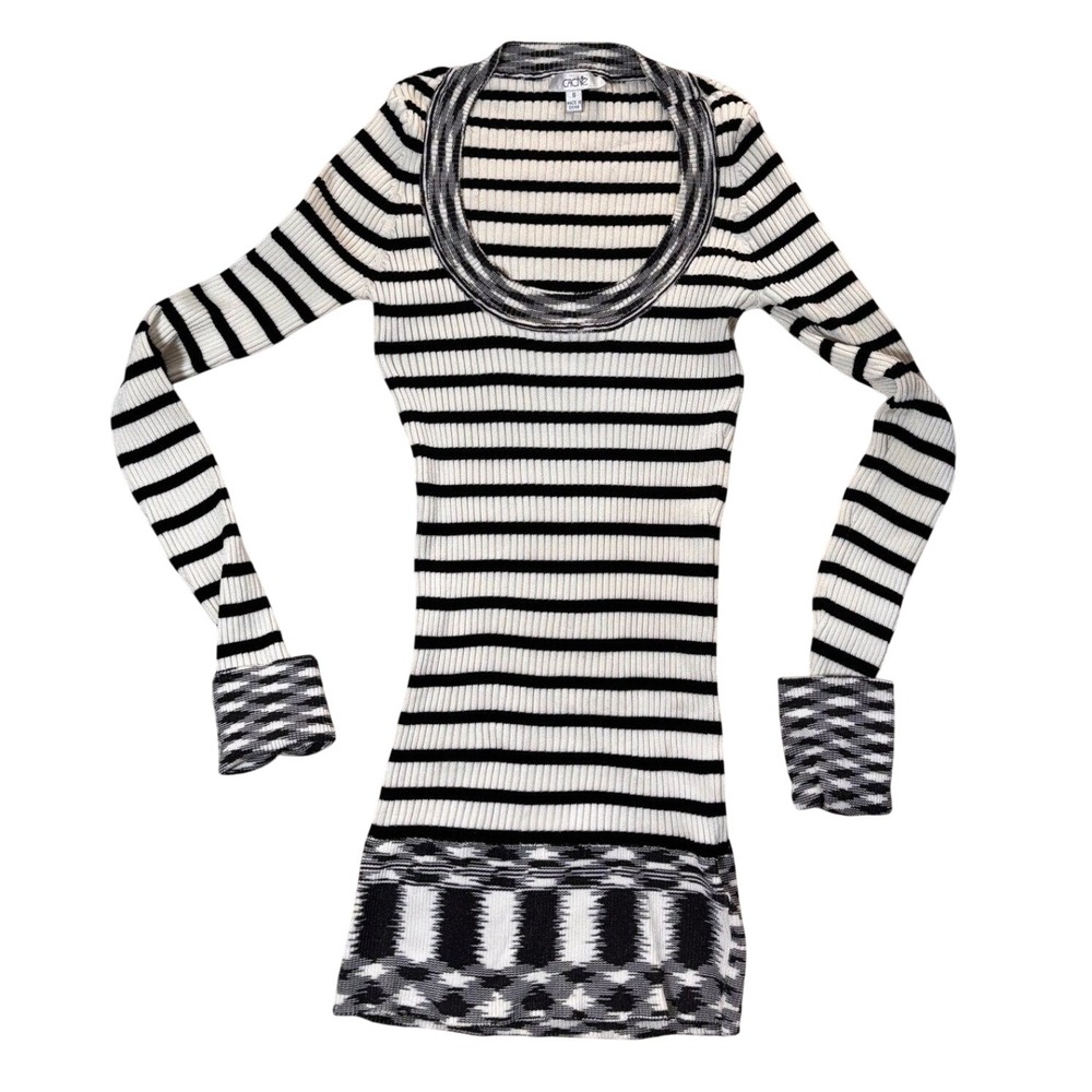 Cache Womens Small Black White Striped Ribbed Knit‎ Scoop Neck Long Sleeve Top